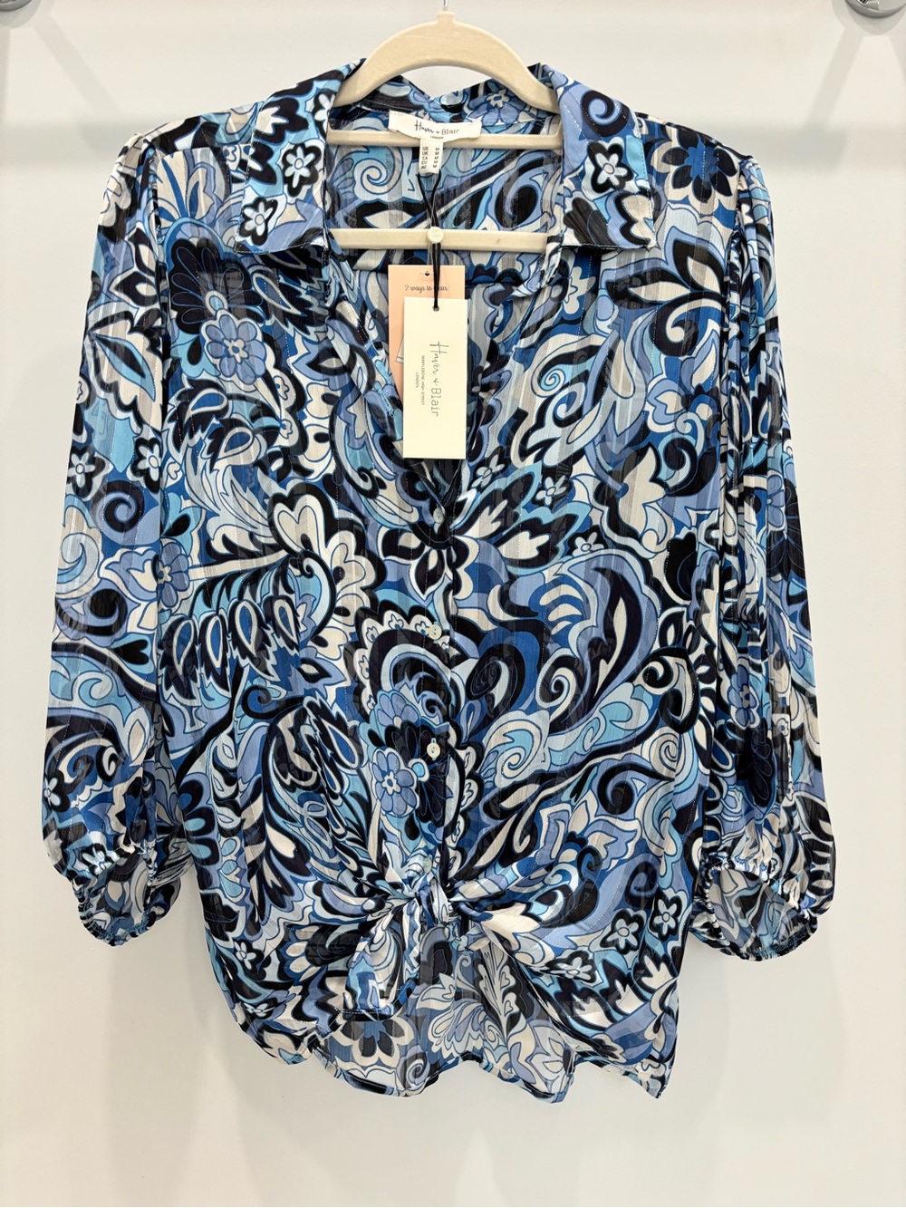 Taylor & Sage Blue and White Paisley Tie-Front Button Down Top